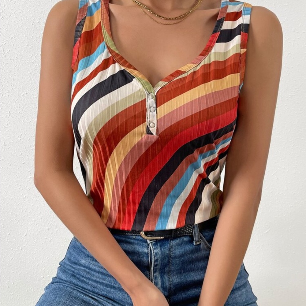 LAST CHANCE Colorful Rainbow Striped Ribbed Sleeveless Tank Top 2 XS